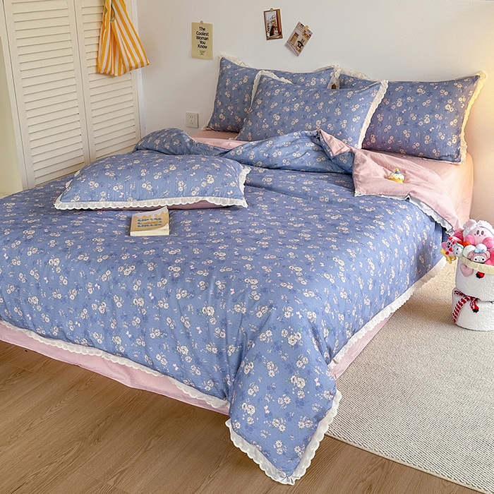 91家纺网 家纺一手货源 找家纺 斯卡诺家纺 2025新款纯棉花边双层纱夏被四件套水洗棉夏被四件套 花语