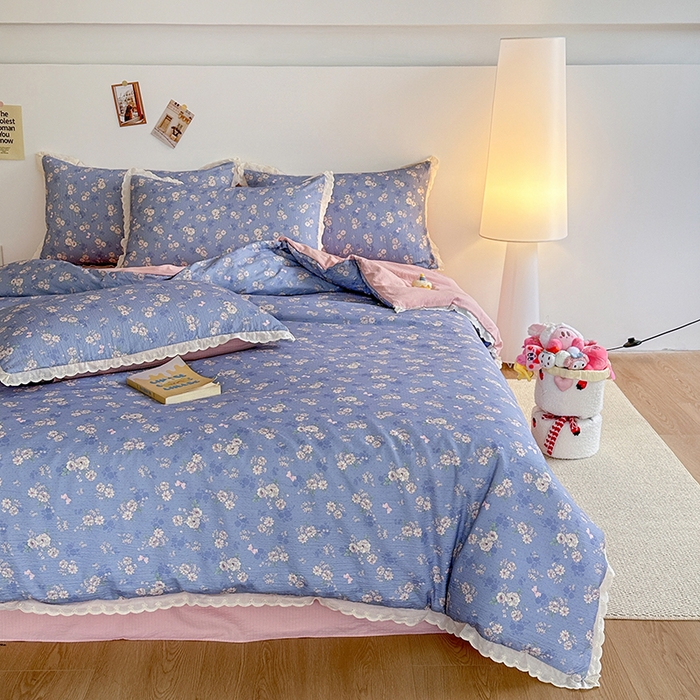 91家纺网 家纺一手货源 找家纺 斯卡诺家纺 2025新款纯棉花边双层纱夏被四件套水洗棉夏被四件套 花语