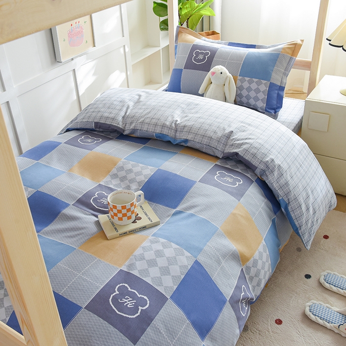 91家纺网 家纺一手货源 找家纺 鑫宇2025新款13372全棉学生宿舍上下铺三件套床单款床笠款可定制 邦尼熊-蓝