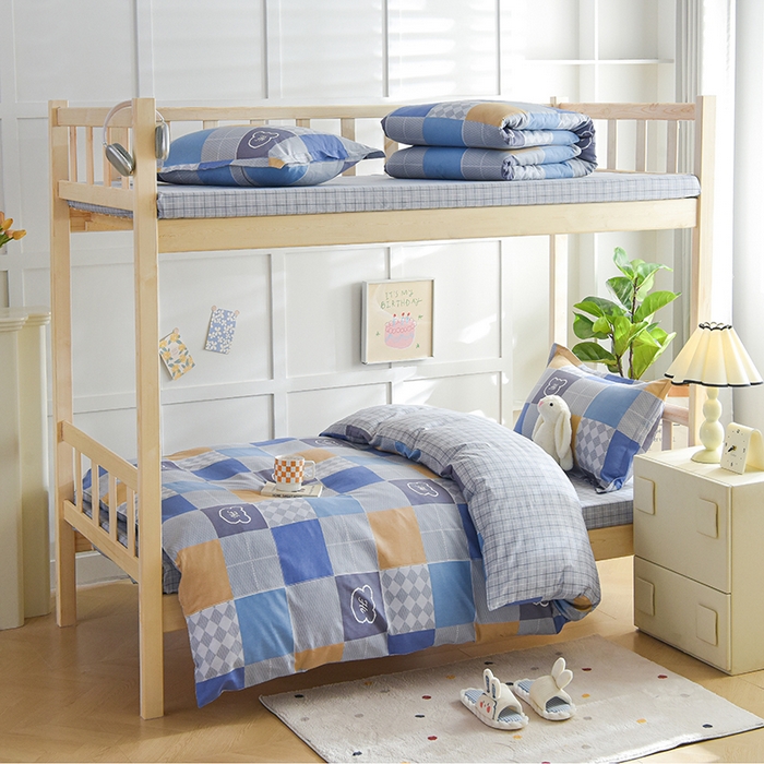 91家纺网 家纺一手货源 找家纺 鑫宇2025新款13372全棉学生宿舍上下铺三件套床单款床笠款可定制 邦尼熊-蓝