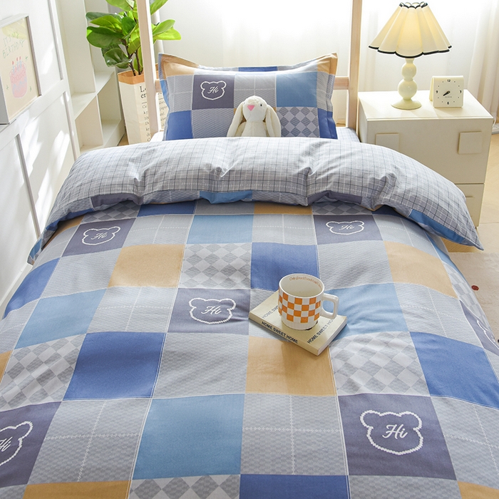 91家纺网 家纺一手货源 找家纺 鑫宇2025新款13372全棉学生宿舍上下铺三件套床单款床笠款可定制 邦尼熊-蓝