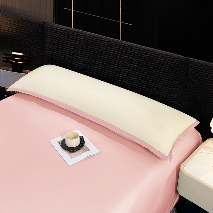 91家纺网 家纺一手货源 找家纺 梦舒羽 2025新款水洗真丝宽边双人枕套 奶油浅粉