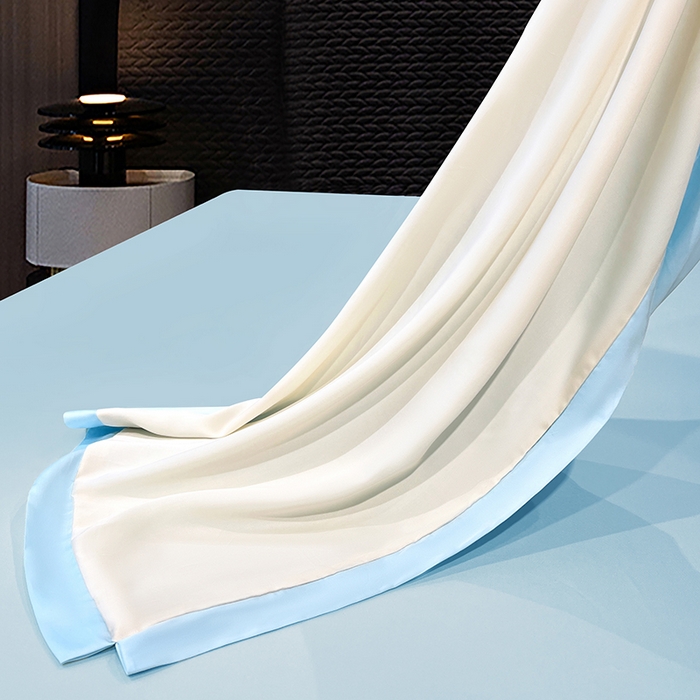 91家纺网 家纺一手货源 找家纺 梦舒羽 2025新款水洗真丝宽边双人枕套 奶油浅蓝