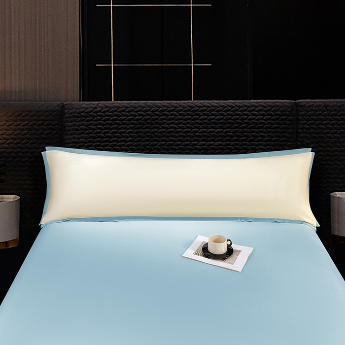 91家纺网 家纺一手货源 找家纺 梦舒羽 2025新款水洗真丝宽边双人枕套 奶油浅蓝