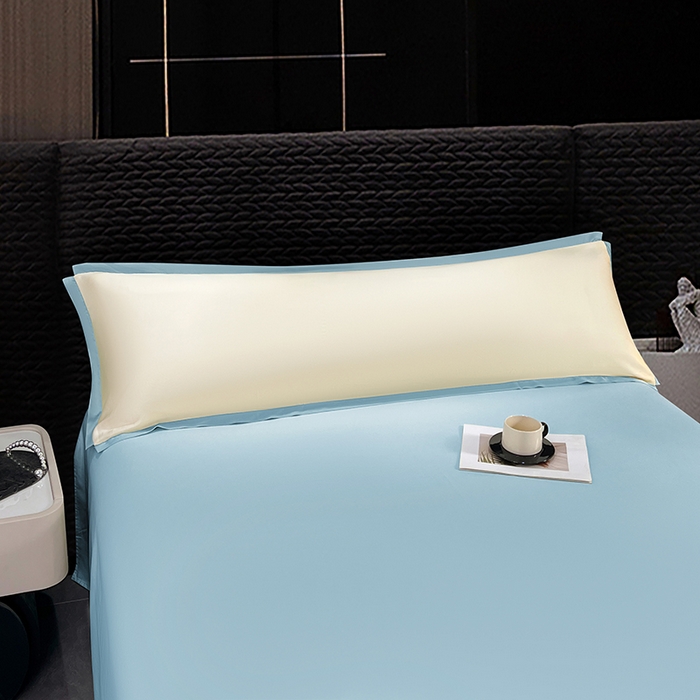 91家纺网 家纺一手货源 找家纺 梦舒羽 2025新款水洗真丝宽边双人枕套 奶油浅蓝