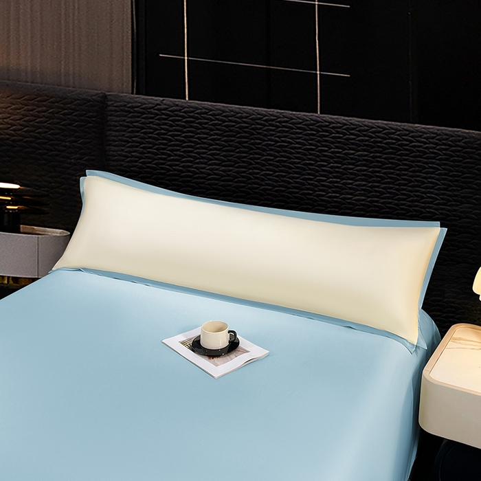 91家纺网 家纺一手货源 找家纺 梦舒羽 2025新款水洗真丝宽边双人枕套 奶油浅蓝