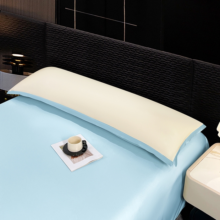 91家纺网 家纺一手货源 找家纺 梦舒羽 2025新款水洗真丝宽边双人枕套 奶油浅蓝