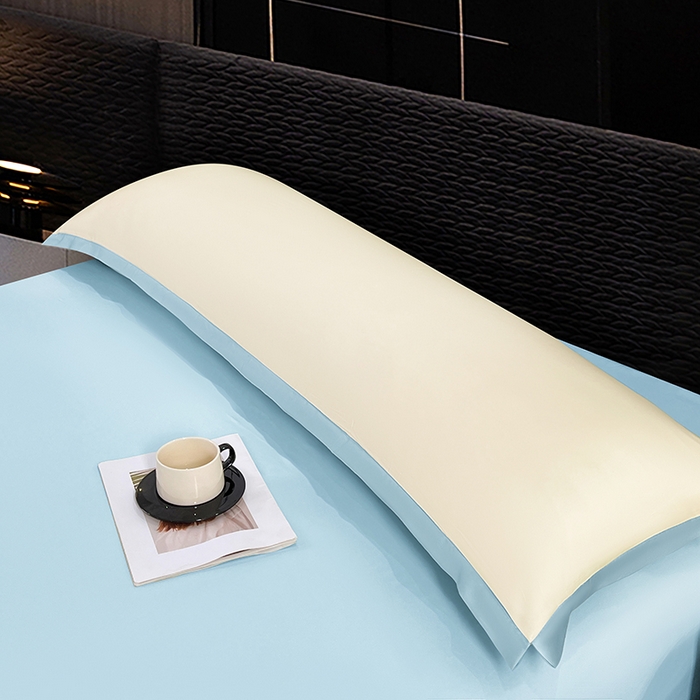 91家纺网 家纺一手货源 找家纺 梦舒羽 2025新款水洗真丝宽边双人枕套 奶油浅蓝