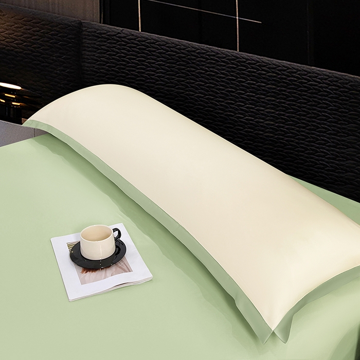 91家纺网 家纺一手货源 找家纺 梦舒羽 2025新款水洗真丝宽边双人枕套 奶油浅绿