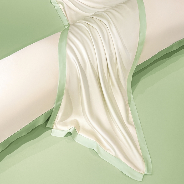 梦舒羽 2025新款水洗真丝宽边双人枕套 奶油浅绿