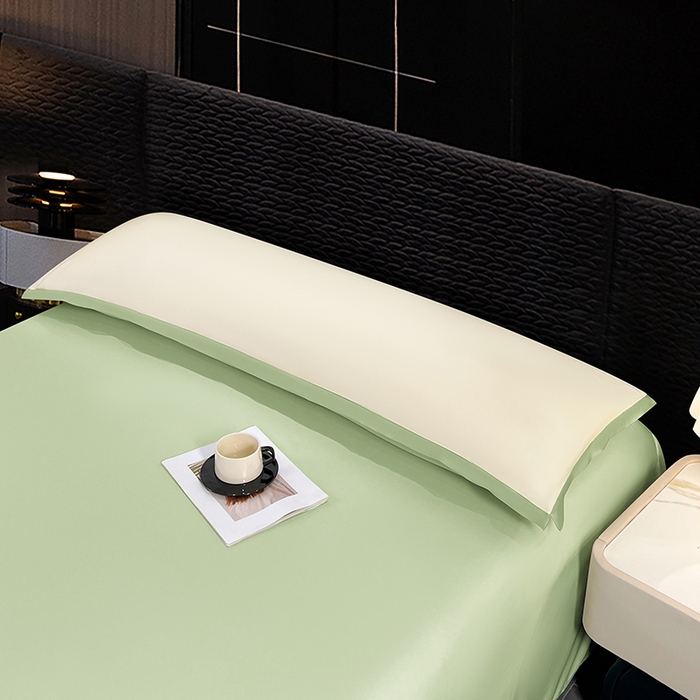 91家纺网 家纺一手货源 找家纺 梦舒羽 2025新款水洗真丝宽边双人枕套 奶油浅绿