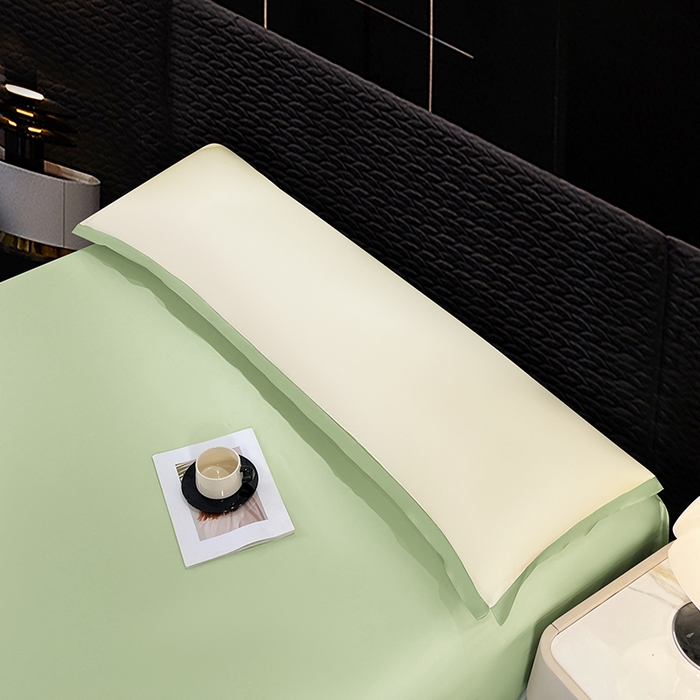 91家纺网 家纺一手货源 找家纺 梦舒羽 2025新款水洗真丝宽边双人枕套 奶油浅绿