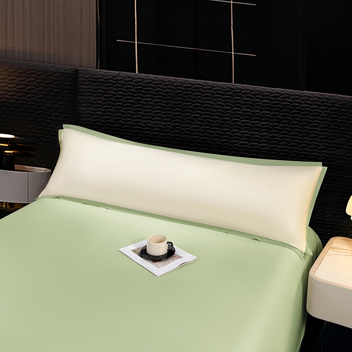 91家纺网 家纺一手货源 找家纺 梦舒羽 2025新款水洗真丝宽边双人枕套 奶油浅绿