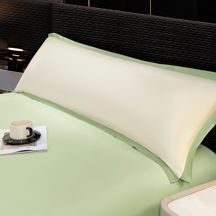 91家纺网 家纺一手货源 找家纺 梦舒羽 2025新款水洗真丝宽边双人枕套 奶油浅绿