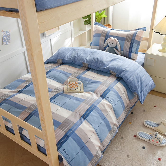 91家纺网 家纺一手货源 找家纺 鑫宇2025新款13372全棉学生宿舍上下铺三件套床单款床笠款可定制 米拉之城-蓝