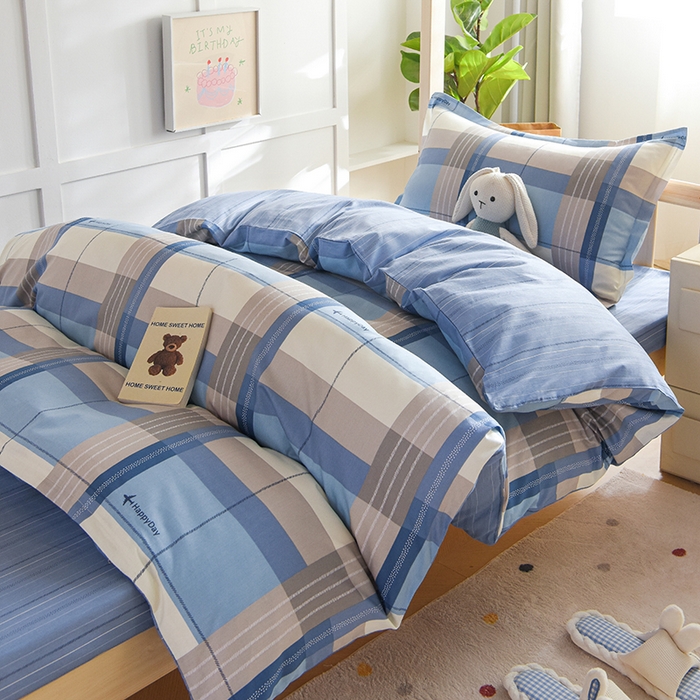 91家纺网 家纺一手货源 找家纺 鑫宇2025新款13372全棉学生宿舍上下铺三件套床单款床笠款可定制 米拉之城-蓝