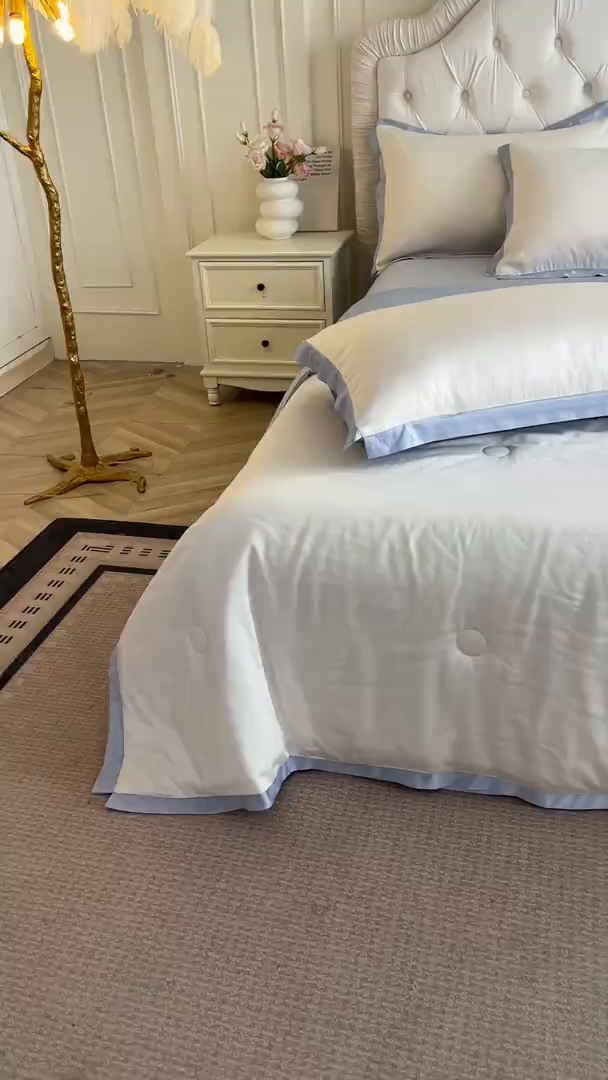 91家纺网 家纺一手货源 找家纺 梦舒羽 2025新款水洗真丝宽边双人枕套 奶油浅紫