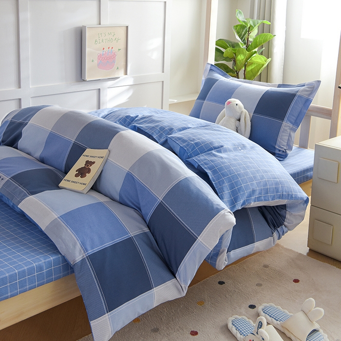 91家纺网 家纺一手货源 找家纺 鑫宇2025新款13372全棉学生宿舍上下铺三件套床单款床笠款可定制 向往生活-蓝