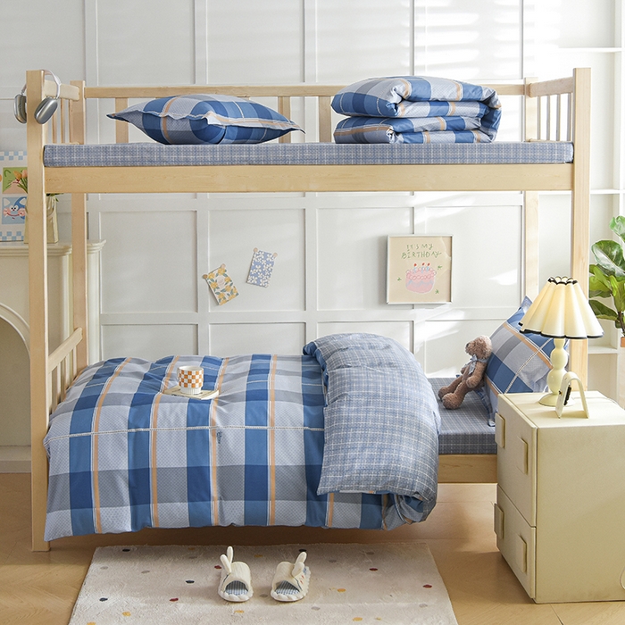 91家纺网 家纺一手货源 找家纺 鑫宇2025新款13372全棉学生宿舍上下铺三件套床单款床笠款可定制 夏曲-蓝