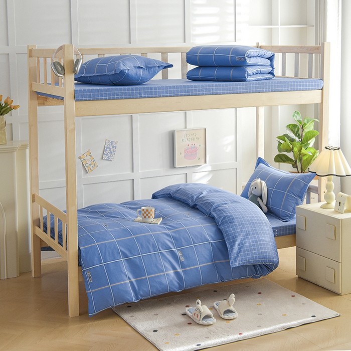 91家纺网 家纺一手货源 找家纺 鑫宇2025新款13372全棉学生宿舍上下铺三件套床单款床笠款可定制 新都时尚-蓝