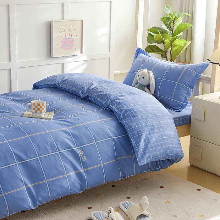 91家纺网 家纺一手货源 找家纺 鑫宇2025新款13372全棉学生宿舍上下铺三件套床单款床笠款可定制 新都时尚-蓝