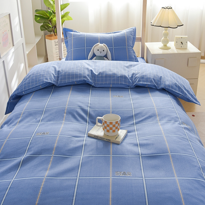 91家纺网 家纺一手货源 找家纺 鑫宇2025新款13372全棉学生宿舍上下铺三件套床单款床笠款可定制 新都时尚-蓝