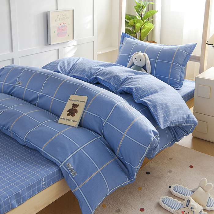 91家纺网 家纺一手货源 找家纺 鑫宇2025新款13372全棉学生宿舍上下铺三件套床单款床笠款可定制 新都时尚-蓝