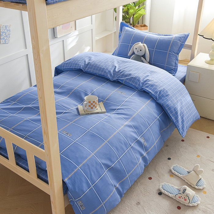 91家纺网 家纺一手货源 找家纺 鑫宇2025新款13372全棉学生宿舍上下铺三件套床单款床笠款可定制 新都时尚-蓝