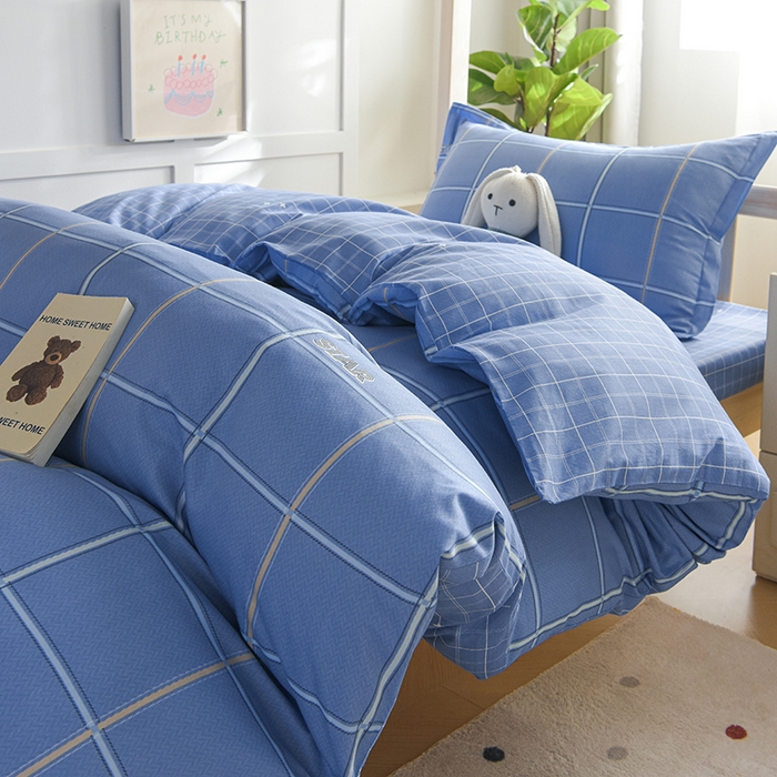 91家纺网 家纺一手货源 找家纺 鑫宇2025新款13372全棉学生宿舍上下铺三件套床单款床笠款可定制 新都时尚-蓝