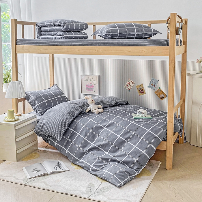 91家纺网 家纺一手货源 找家纺 鑫宇2025新款13372全棉学生宿舍上下铺三件套床单款床笠款可定制 格韵-灰