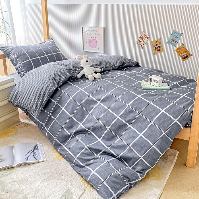 91家纺网 家纺一手货源 找家纺 鑫宇2025新款13372全棉学生宿舍上下铺三件套床单款床笠款可定制 格韵-灰