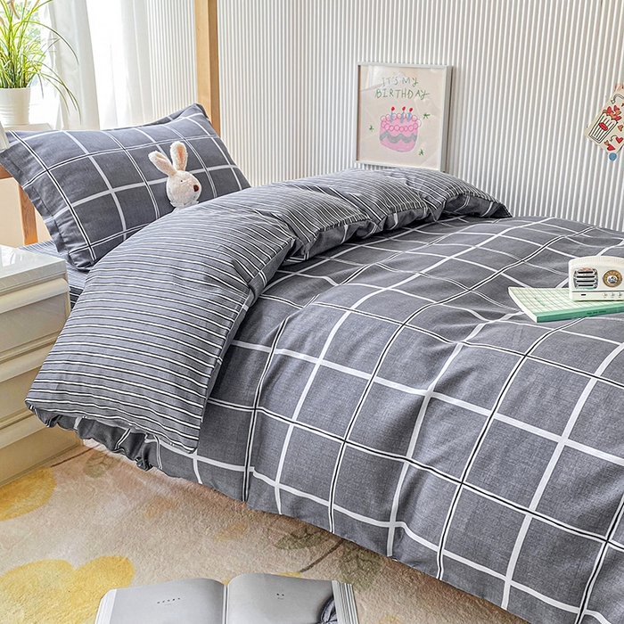 91家纺网 家纺一手货源 找家纺 鑫宇2025新款13372全棉学生宿舍上下铺三件套床单款床笠款可定制 格韵-灰