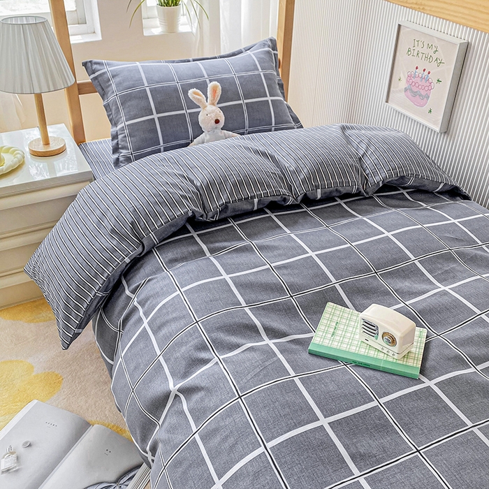 91家纺网 家纺一手货源 找家纺 鑫宇2025新款13372全棉学生宿舍上下铺三件套床单款床笠款可定制 格韵-灰