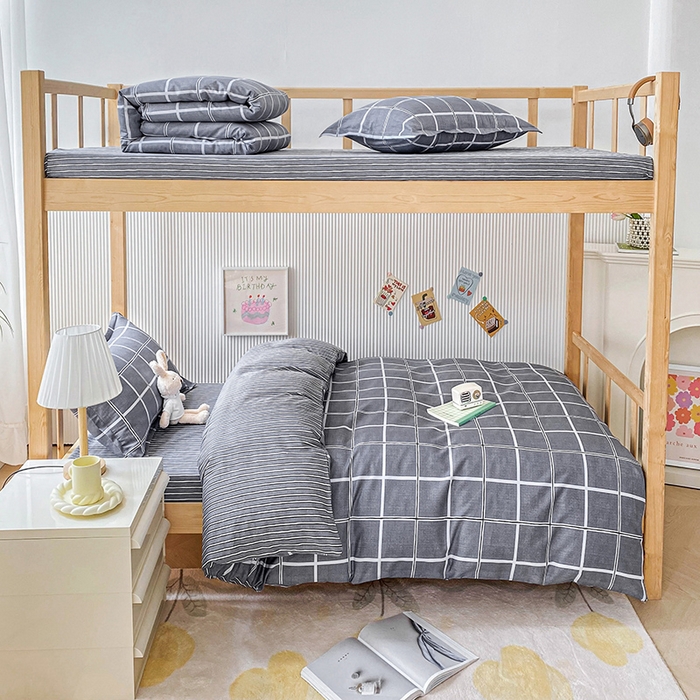 91家纺网 家纺一手货源 找家纺 鑫宇2025新款13372全棉学生宿舍上下铺三件套床单款床笠款可定制 格韵-灰