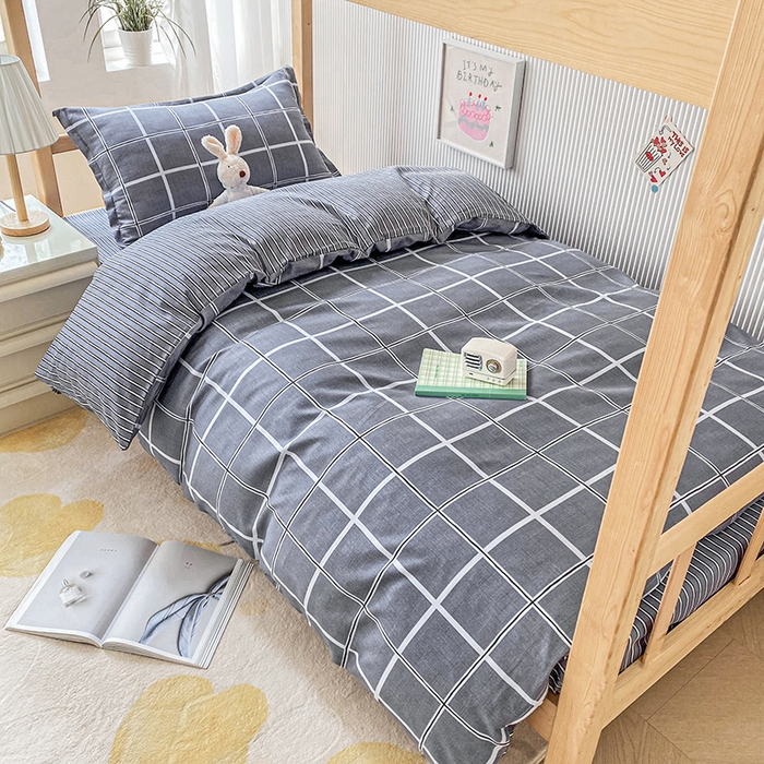 91家纺网 家纺一手货源 找家纺 鑫宇2025新款13372全棉学生宿舍上下铺三件套床单款床笠款可定制 格韵-灰