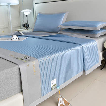 小牛席业 2025新款条纹爱家熊猫冰丝席 蓝色