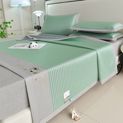 小牛席业 2025新款条纹爱家熊猫冰丝席 绿色