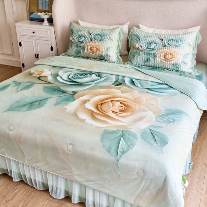 91家纺网 家纺一手货源 找家纺 （总）苹果星家纺 2025新款5D数码印花凉干丝床裙床盖凉席夏被四件套