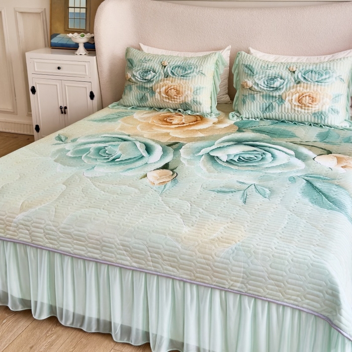 91家纺网 家纺一手货源 找家纺 （总）苹果星家纺 2025新款5D数码印花凉干丝床裙床盖凉席夏被四件套