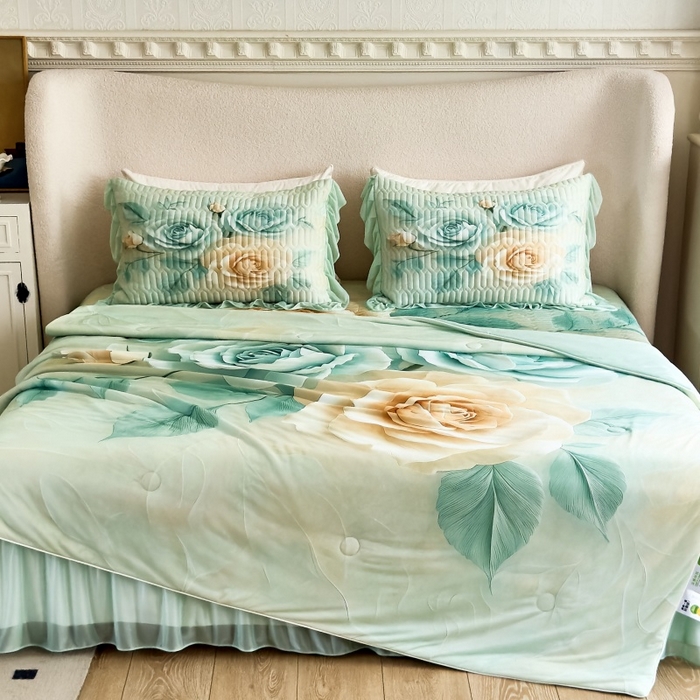 91家纺网 家纺一手货源 找家纺 （总）苹果星家纺 2025新款5D数码印花凉干丝床裙床盖凉席夏被四件套