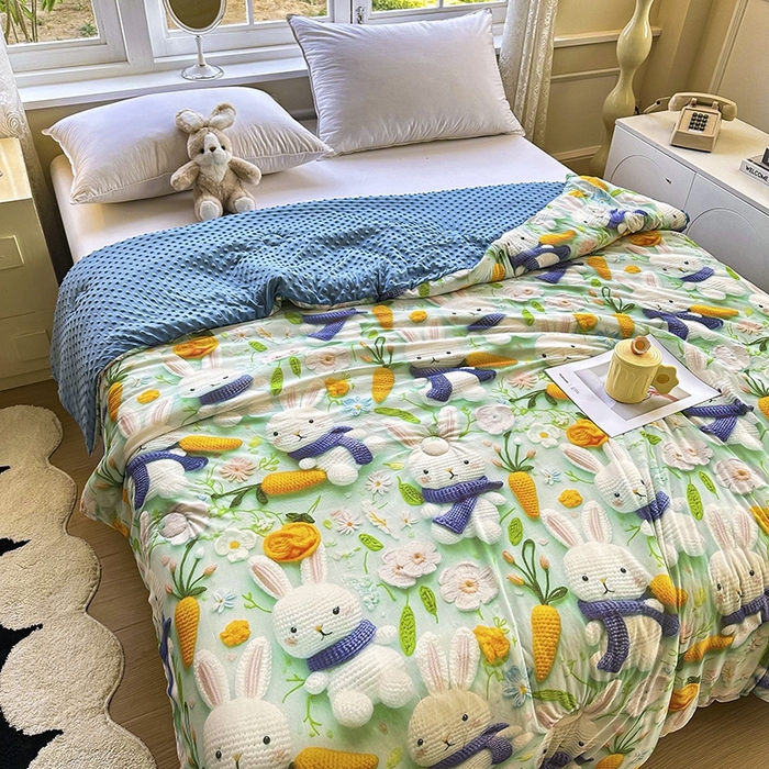 91家纺网 家纺一手货源 找家纺 南方印象 2025新款A类凉感丝冰豆豆夏凉被夏被空调被爆款5D印花夏被 兔栖绿野