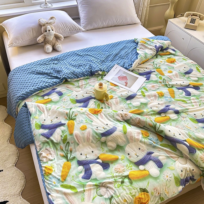 91家纺网 家纺一手货源 找家纺 南方印象 2025新款A类凉感丝冰豆豆夏凉被夏被空调被爆款5D印花夏被 兔栖绿野