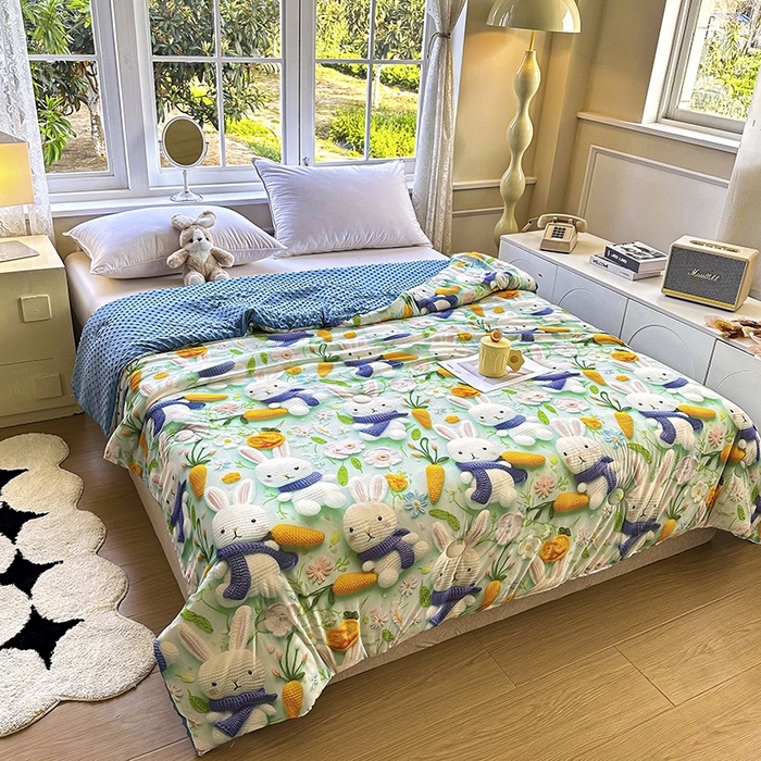 91家纺网 家纺一手货源 找家纺 南方印象 2025新款A类凉感丝冰豆豆夏凉被夏被空调被爆款5D印花夏被 兔栖绿野