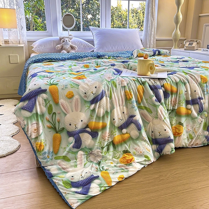 91家纺网 家纺一手货源 找家纺 南方印象 2025新款A类凉感丝冰豆豆夏凉被夏被空调被爆款5D印花夏被 兔栖绿野