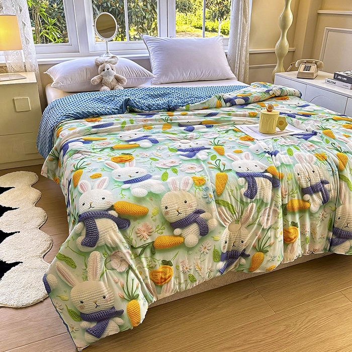 91家纺网 家纺一手货源 找家纺 南方印象 2025新款A类凉感丝冰豆豆夏凉被夏被空调被爆款5D印花夏被 兔栖绿野