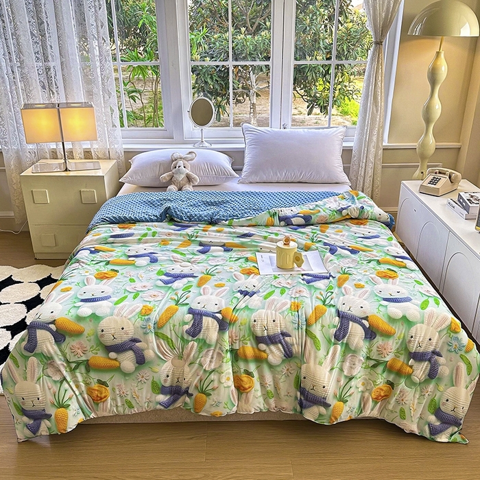 91家纺网 家纺一手货源 找家纺 南方印象 2025新款A类凉感丝冰豆豆夏凉被夏被空调被爆款5D印花夏被 兔栖绿野