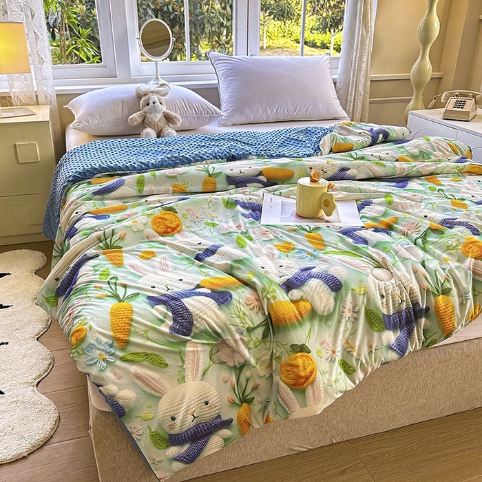 91家纺网 家纺一手货源 找家纺 南方印象 2025新款A类凉感丝冰豆豆夏凉被夏被空调被爆款5D印花夏被 兔栖绿野