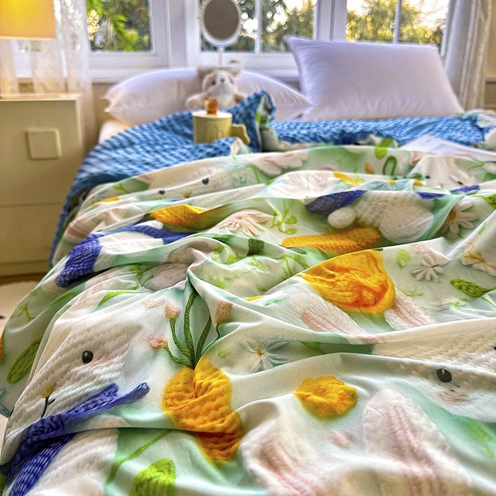 91家纺网 家纺一手货源 找家纺 南方印象 2025新款A类凉感丝冰豆豆夏凉被夏被空调被爆款5D印花夏被 兔栖绿野