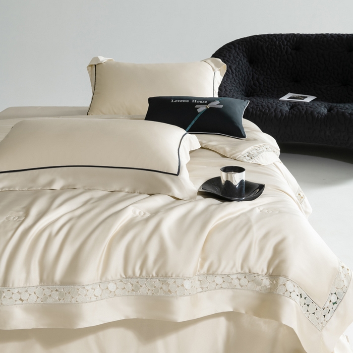 91家纺网 家纺一手货源 找家纺 （总）若未2025 新款珍珠镂空50S兰精天丝夏被四件套 花型（天丝珍珠镂空奥黛尔） 夏被四件套