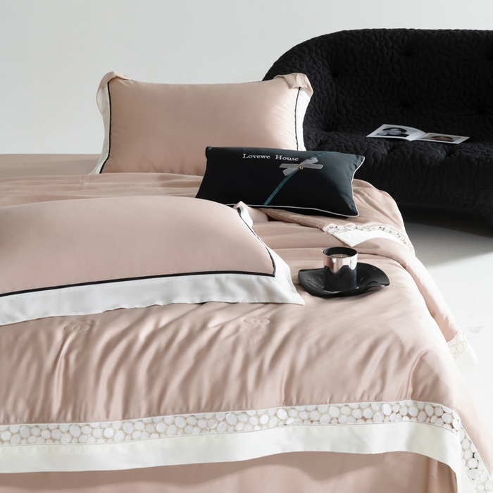 91家纺网 家纺一手货源 找家纺 （总）若未2025 新款珍珠镂空50S兰精天丝夏被四件套 花型（天丝珍珠镂空奥黛尔） 夏被四件套